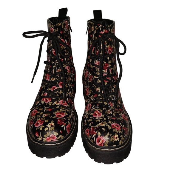 Union Bay Floral Womens Moto Combat Boots Chunky Lace Up Black/Red Rose Size 8M - Picture 2 of 10